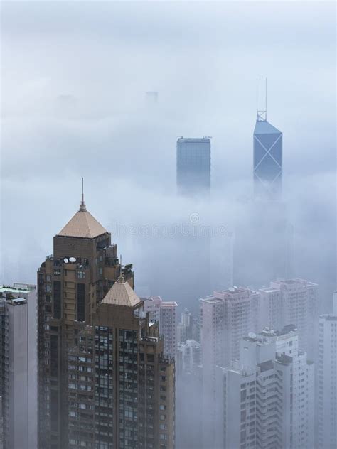Skyscraper In Downtown Of Hong Kong City In Fog Editorial Photography