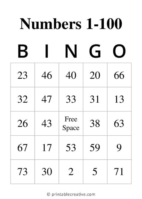 Numbers 1 100 Bingo