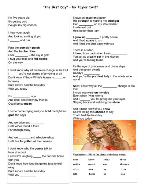 Song Worksheet The Best Day By Taylor Swift Mothers Day Taylor