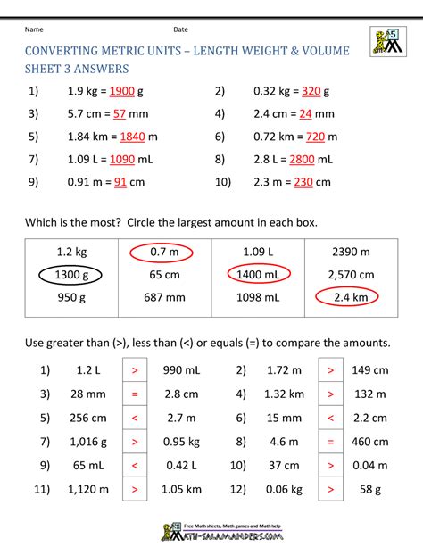 Metric System Worksheet Answers