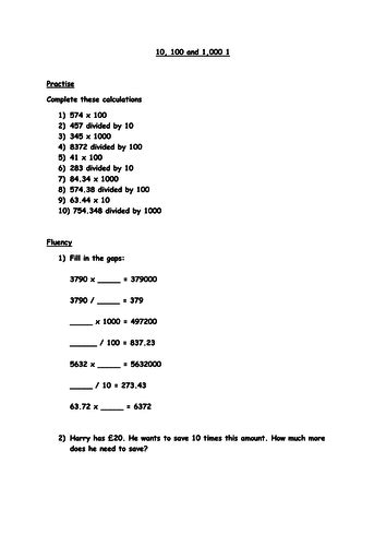 Year 6 Multiply And Divide By 10 100 And 1000 Worksheet Teaching