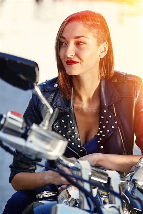 Biker Girl In A Leather Jacket On A Motorcycle Stock Image Image Of