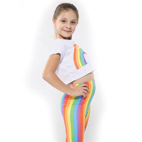 Kids Girls Crop Top And Legging Rainbow Trendy Fashion Belly Shirt