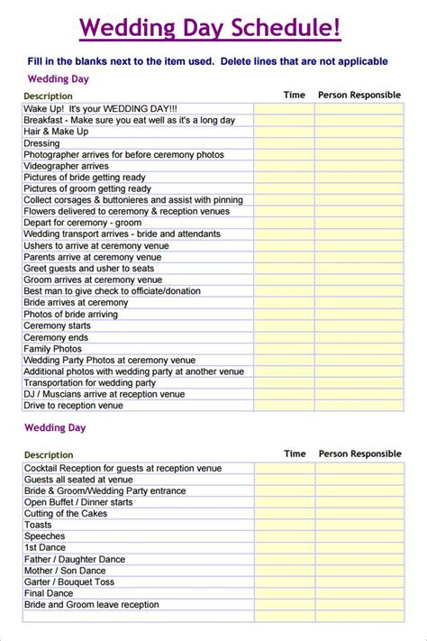 The Wedding Day Schedule Is Shown In This Printable Form And Includes