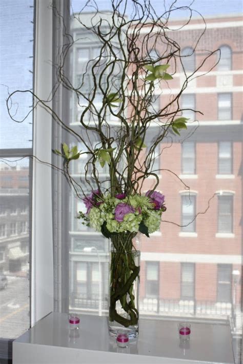 Hydrangeas And Curly Willow Flower Vase Arrangements Flower Arrangements Tall Floral