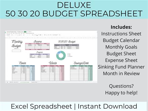 50 30 20 Budget Excel Budget Template 50 30 20 Rule Digital Budget
