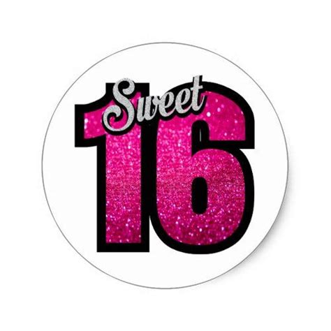 Pink Glitter Sweet Sixteen Sticker With The Number Sixteen In Black And