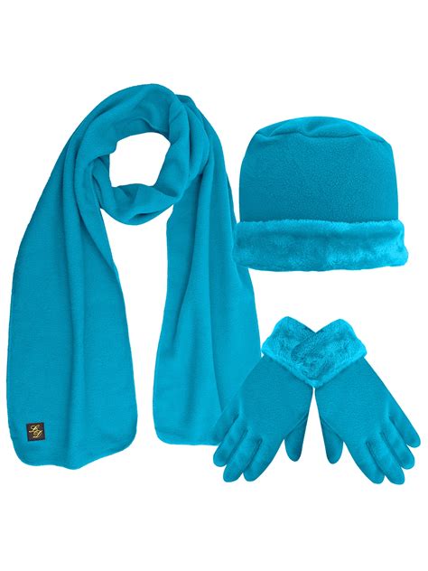 Faux Fur Trim Turquoise Fleece 3 Piece Hat Scarf And Glove Set