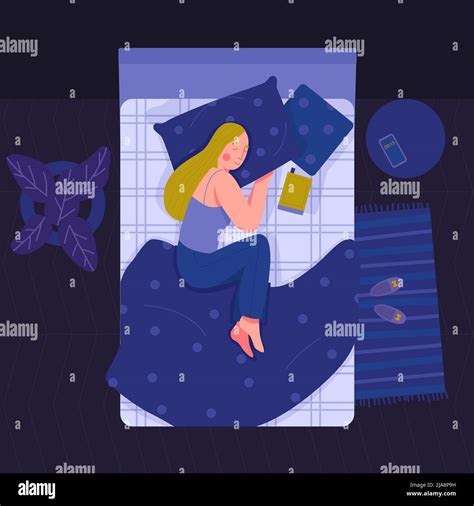 Curled Up In Bed Woman Sleeping In Bedroom At Night Top View Flat Vector Illustration Stock