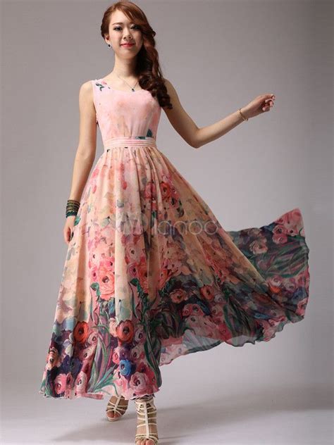 Elegant Floral Print Chiffon Scoop Neck Maxi Dress Floral Print