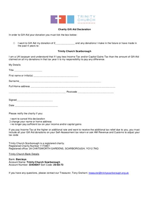 Fillable Online Charity Gift Aid Declaration For A Single Donation Fax