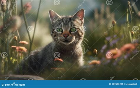 Cute Kitten Sitting In Meadow Staring At Camera With Curiosity