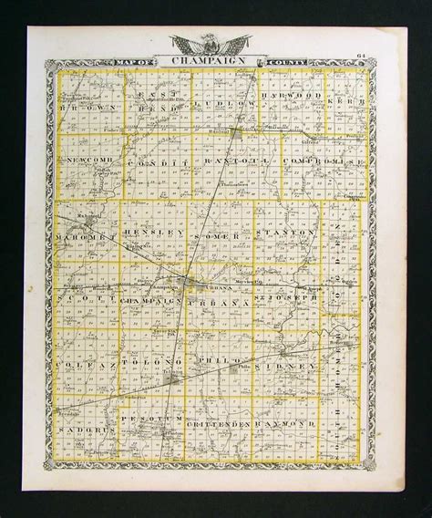 1876 Illinois County Map Champaign Vermilion Urbana Danville Tolono