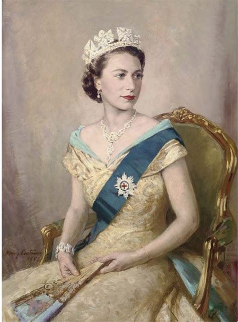 Mary Eastman Portrait Of Queen Elizabeth Ii Seated Three Quarter Length In Royal Dress 1953