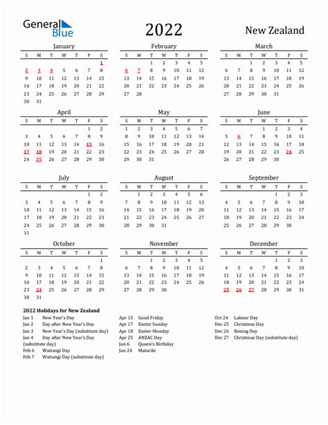 2022 New Zealand Calendar With Holidays