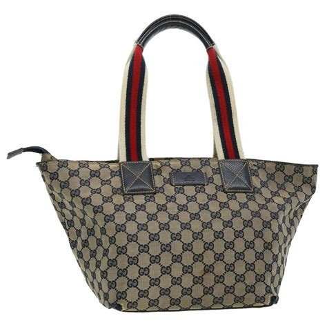 Gucci Sherry Line Gg Canvas Tote Bag White Navy Red Auth Yt897 Navy