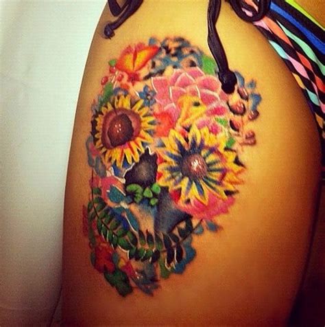 None, the skull flower simply sits, perceiving enough to know when its masters come by. Flower skull on upper thigh side. | Skull tattoo flowers ...