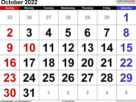 October 2022 Calendars for Word, Excel and PDF