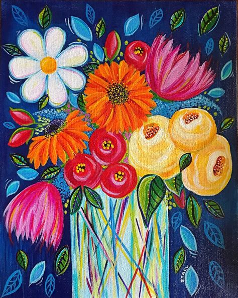 Whimsical Colorful Floral Painting Cheerful Flower Art Etsy
