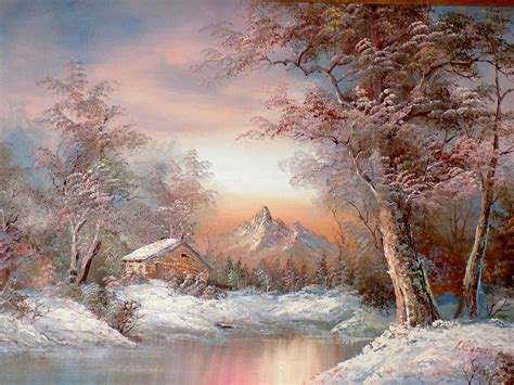 Winter Scene Oil Painting Cabin In Woods Snowy Sunset By I Cafieri