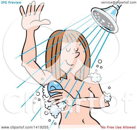 Clipart Of A Cartoon Relaxed Caucasian Woman Sudsing Up In The Shower Royalty Free Vector