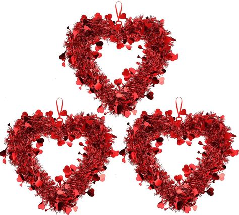 Chuangdi Valentine Heart Shaped Wreaths Red Tinsel Heart Shaped Wreaths