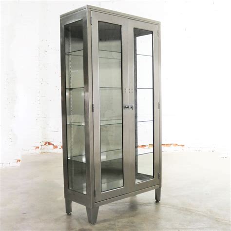 Vintage Stainless Steel Industrial Display Apothecary Medical Cabinet With Glass Doors And