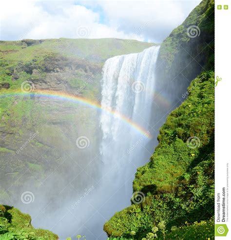 Skogafoss Waterfall With Double Rainbow Stock Photo Image Of Sunny