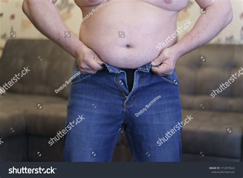 Fat Man Cannot Fasten Blue Jeans Stock Photo 1712073622 Shutterstock