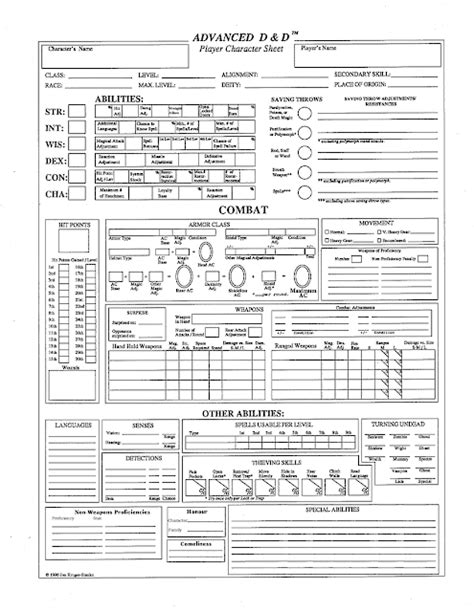 Ad D 2nd Edition Character Sheet Printable