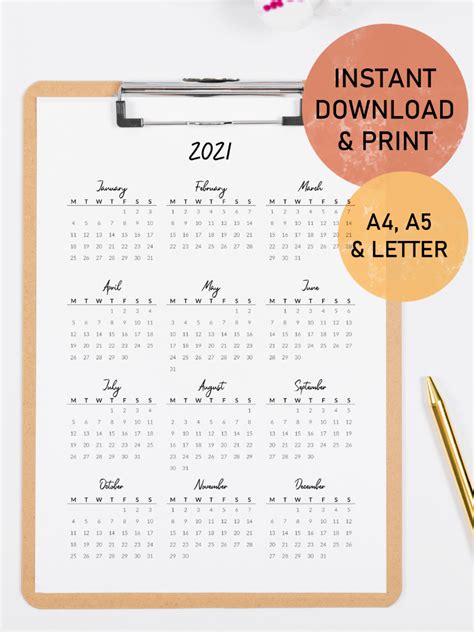 2021 Calendar Printable Year At A Glance Calendar One Page Etsy