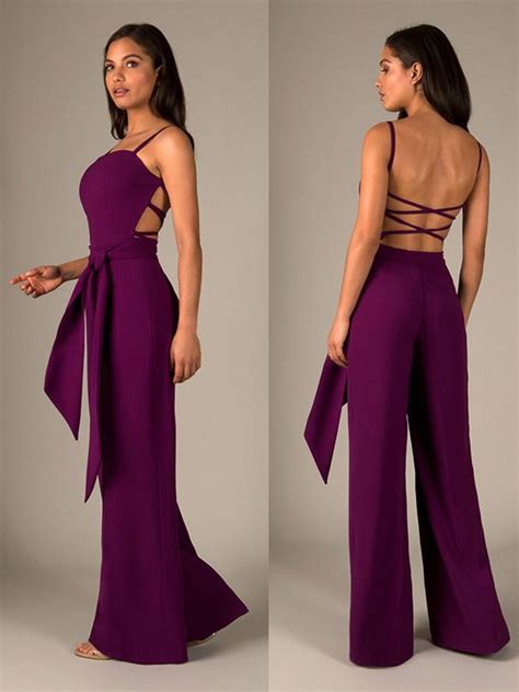 Purple Jumpsuit With Spaghetti Straps Jumpsuit Outfit Wedding Dress Outfits Fashion Outfits