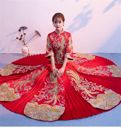 Buy Embroidery Chinese Traditional Wedding Dress Qipao Cheongsam Red Creasing