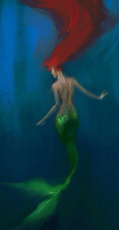 Back View Of A Red Hair Mermaid With A Green Tail Underwater Art