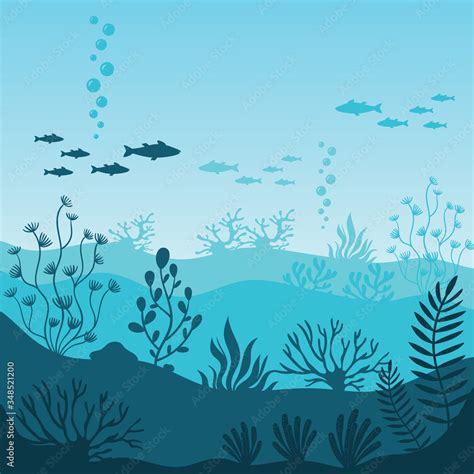 Marine Underwater Life Silhouette Of Coral Reef With Fishes On Bottom