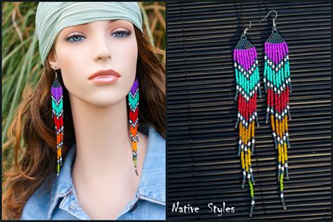 Long Rainbow Shoulder Duster Earrings Seed Beaded Native American