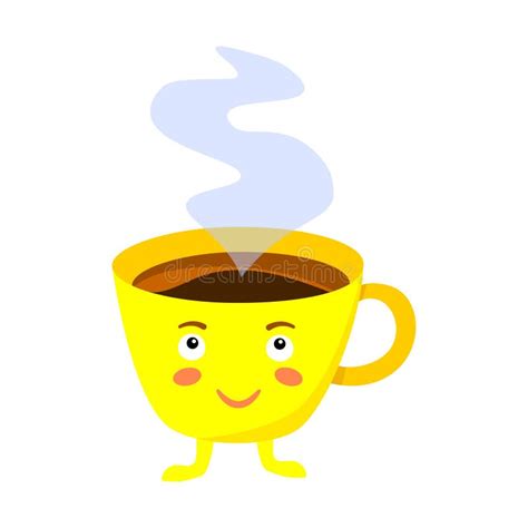 Smiling Cartoon Cup With Coffee Tea Yellow Cup Character Good