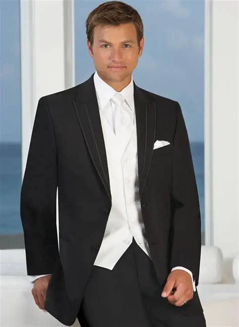 5 Pc Peak Lapel Black Groom Tuxedos Pure White Vest Suit Noble Wedding
