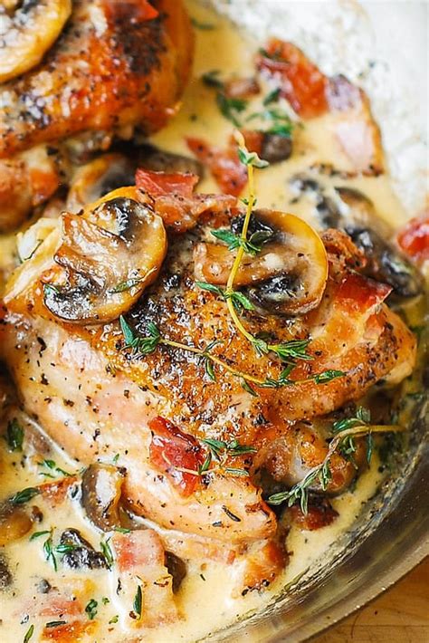 Cook, turning once, until mushrooms are golden brown, about 5 minutes. Chicken Thighs with Creamy Bacon Mushroom Thyme Sauce ...
