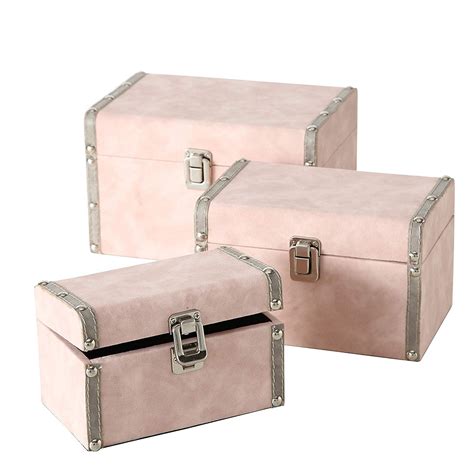 Set Of 3 Pale Pink And Grey Decorative Storage Trunks Stackable Faux
