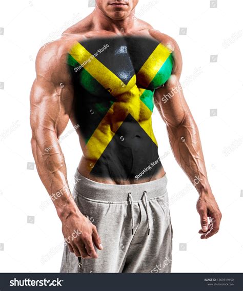 Torso Shirtless Muscular Man Jamaica Flag Stock Photo