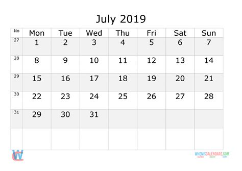 July 2019 Calendar With Week Numbers Printable Start By Monday