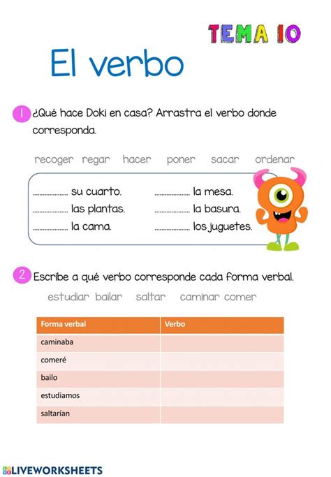 A Spanish Worksheet With An Image Of A Monster And The Words El Verbo