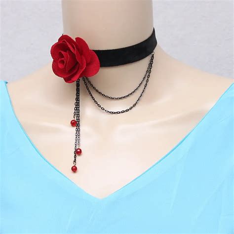 Sexy Gothic Chokers Black Lace Collar Neck Choker Necklace Red Flower