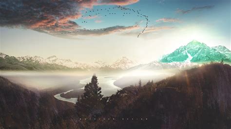 3840x2160 Photo Manipulation Mountains Clouds River Snow