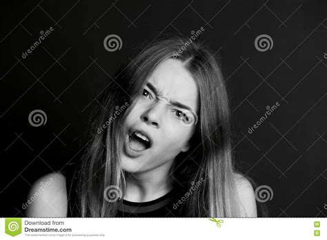 Beautiful Girl With Long Hair Yells Black Stock Image Image Of Angry