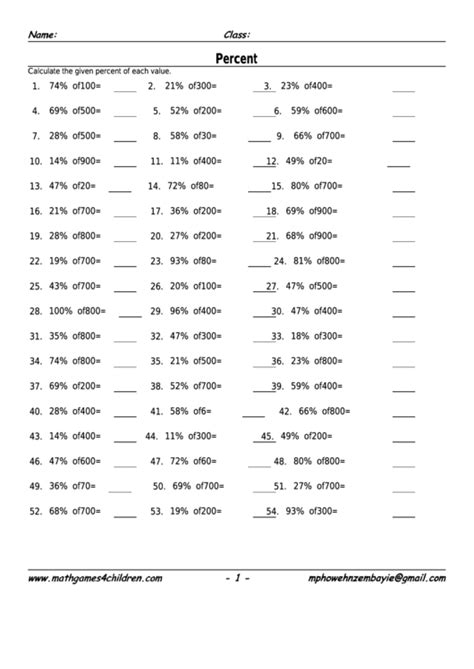 Percent Worksheet With Answer Key Printable Pdf Download