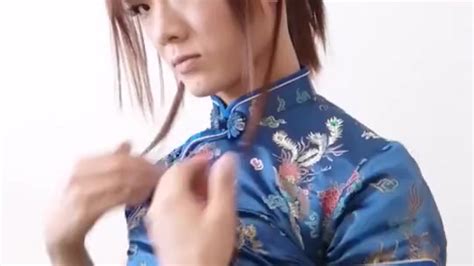 Satin Cheongsam Japanese Crossdresser Wearing Blue China Dress FULL