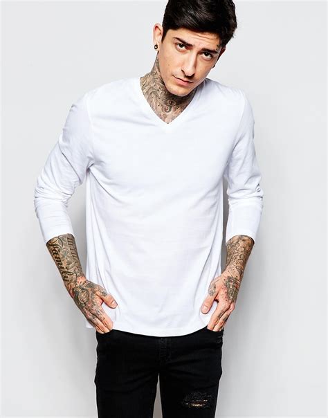 Asos Long Sleeve T Shirt With V Neck In White For Men Lyst