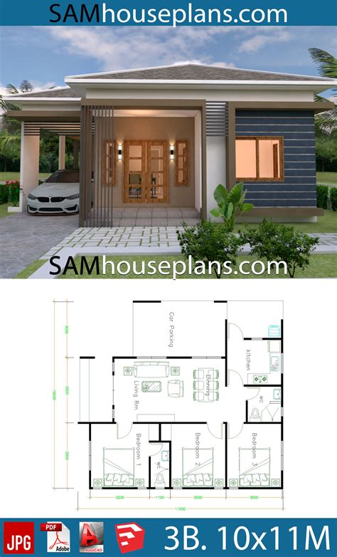 House Plans 10x11 with 3 Bedrooms Roof tiles in 2020 ...